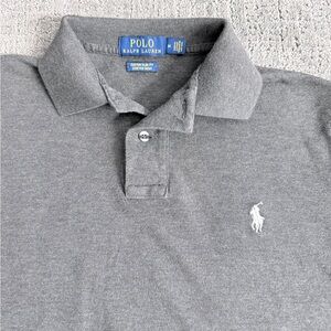 Ralph Lauren Men's Heather Gray Polo with White Pony Custom Slim Fit Stretch Mes